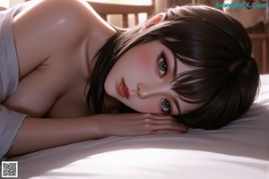 A woman with short dark hair lies on her stomach, resting her head on her hands.