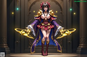 A woman in a purple and gold outfit holding two swords.