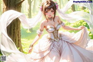 A woman in a wedding dress sitting in the woods.