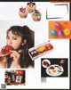 A magazine page with a girl eating a donut.